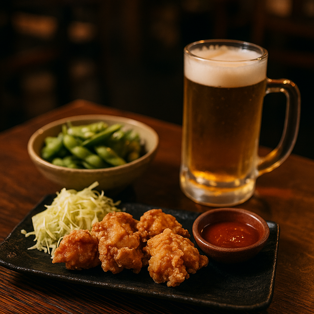 Karaage, edamame & beer