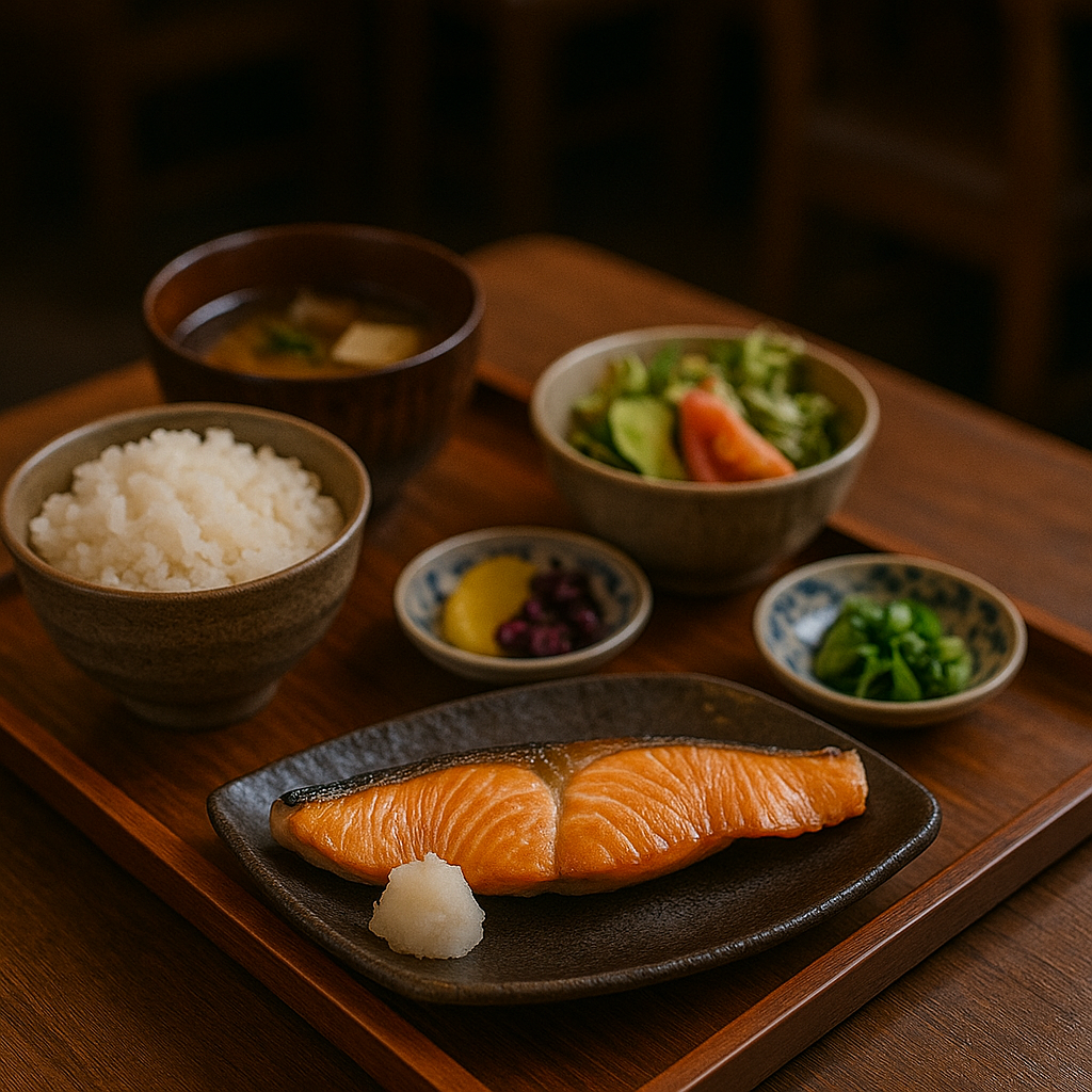 Salmon shioyaki teishoku