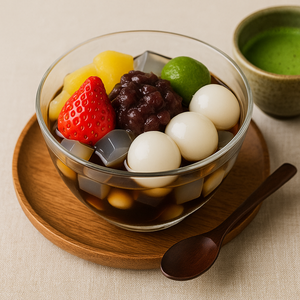 Traditional anmitsu with shiratama, red‑bean paste and fruits