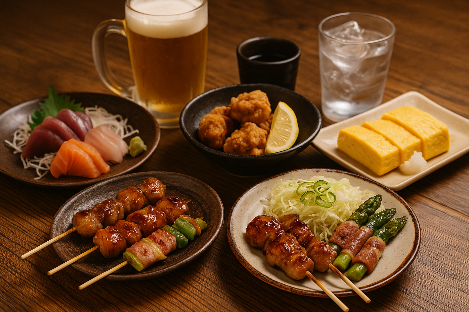 Typical izakaya table spread with skewers, karaage and drinks