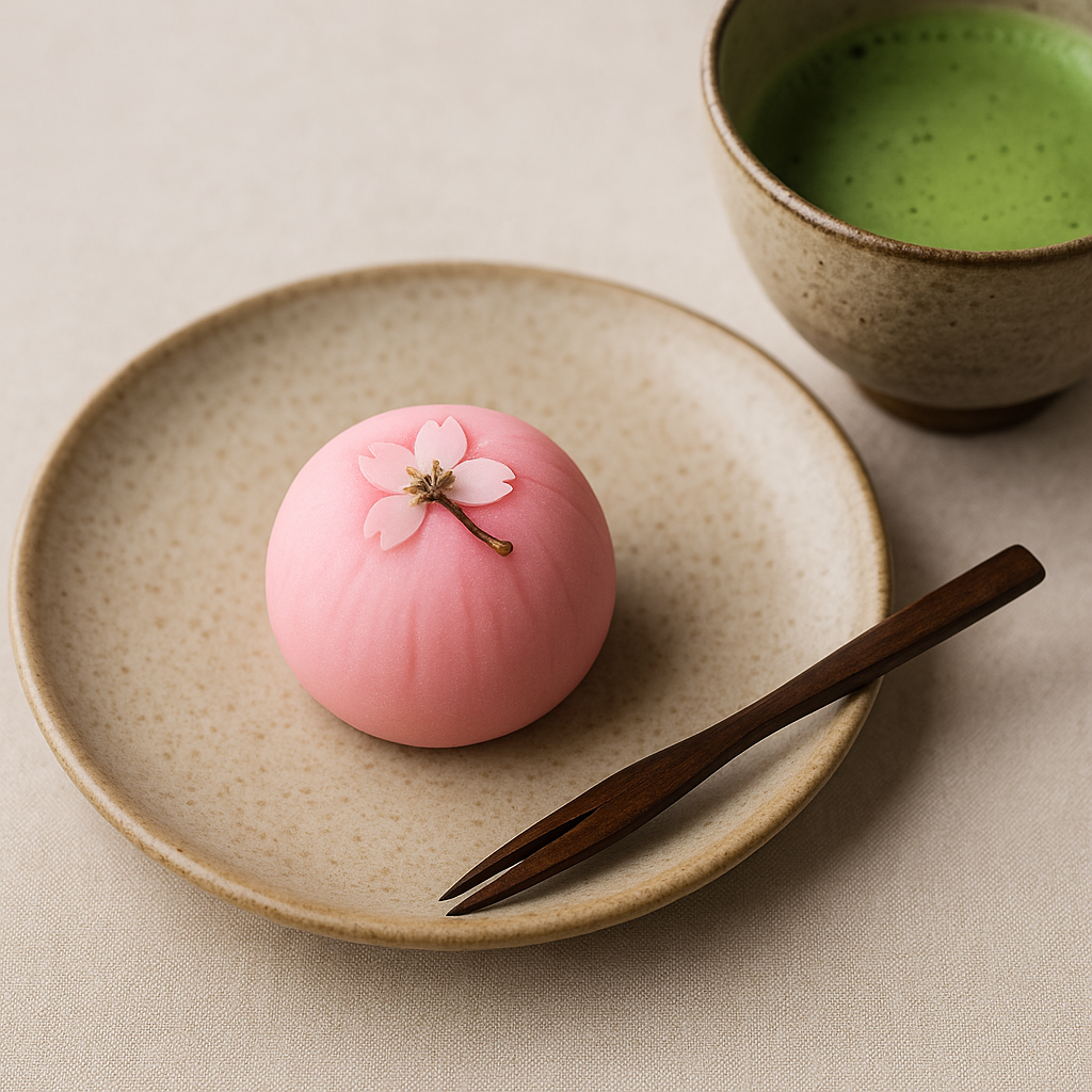 Sakura nerikiri wagashi and a bowl of matcha